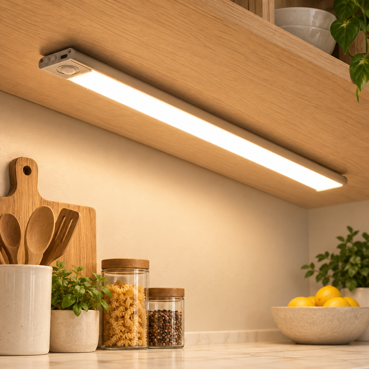 Silver light mounted flat beneath a shelf with the light panel and round sensor facing down.