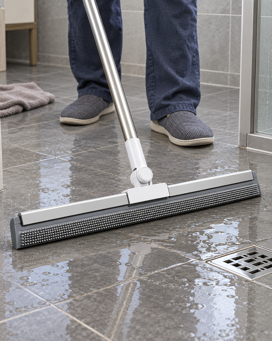 Squeegee edge guiding a shallow patch of water toward a floor drain.