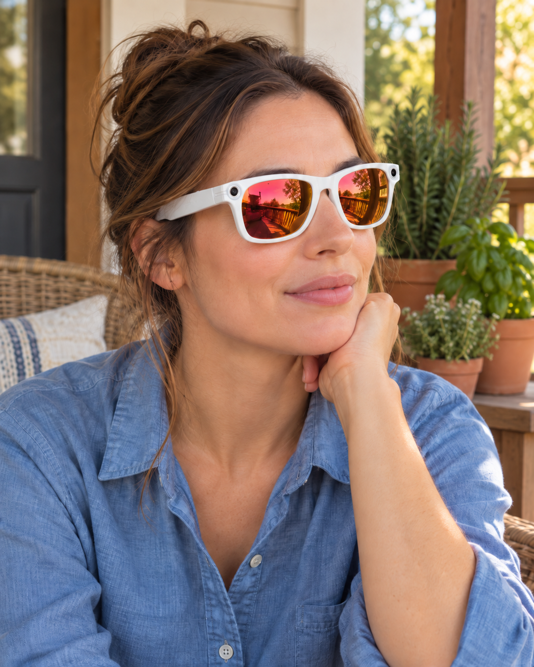 Red mirror lenses with a White frame worn on a porch.