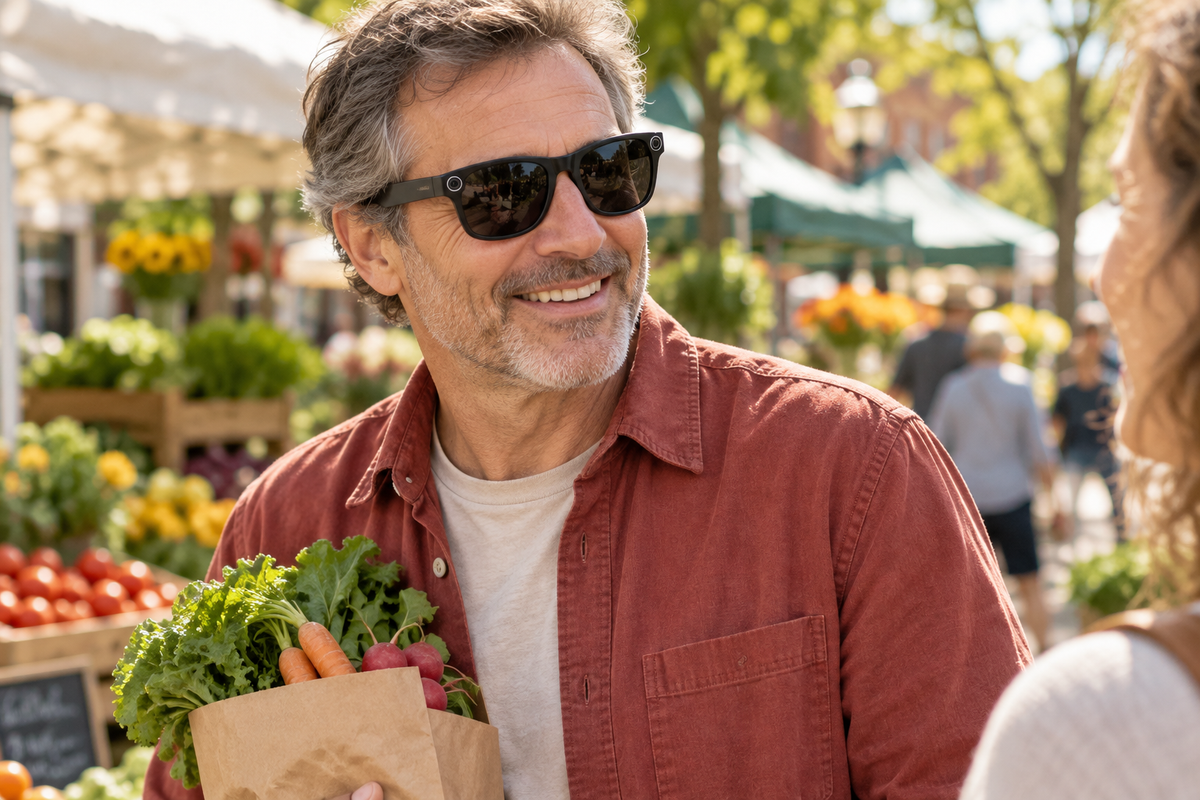 Sunglasses with a Black frame worn during an outdoor market visit.