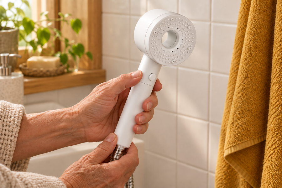 White shower head held with an existing hose.