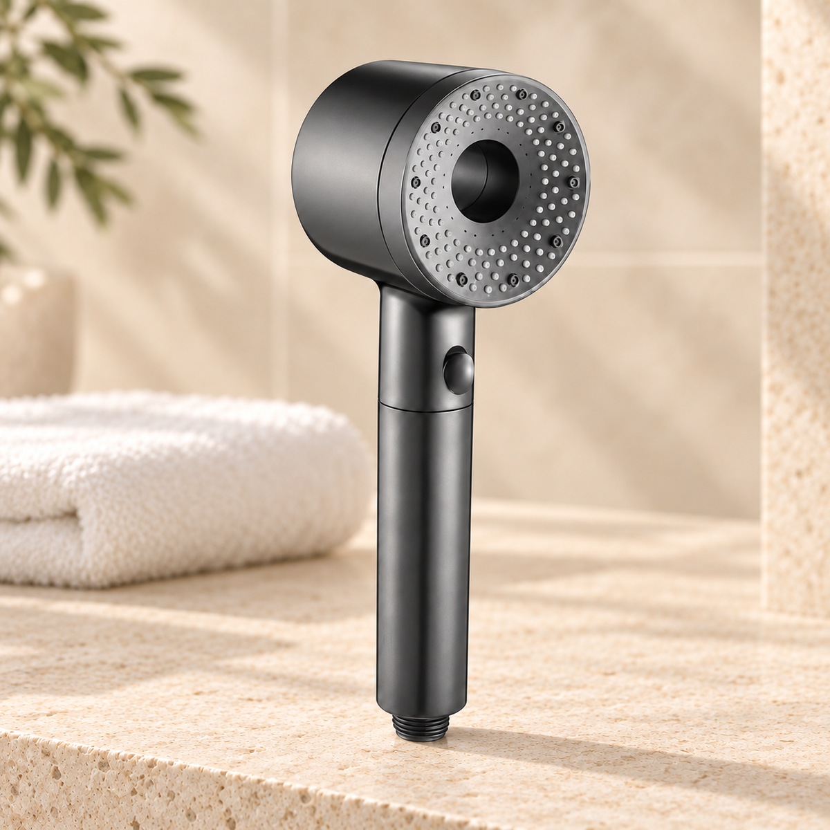 Five-Mode Shower Head — lifestyle gray. Styled product illustration; props not included.
