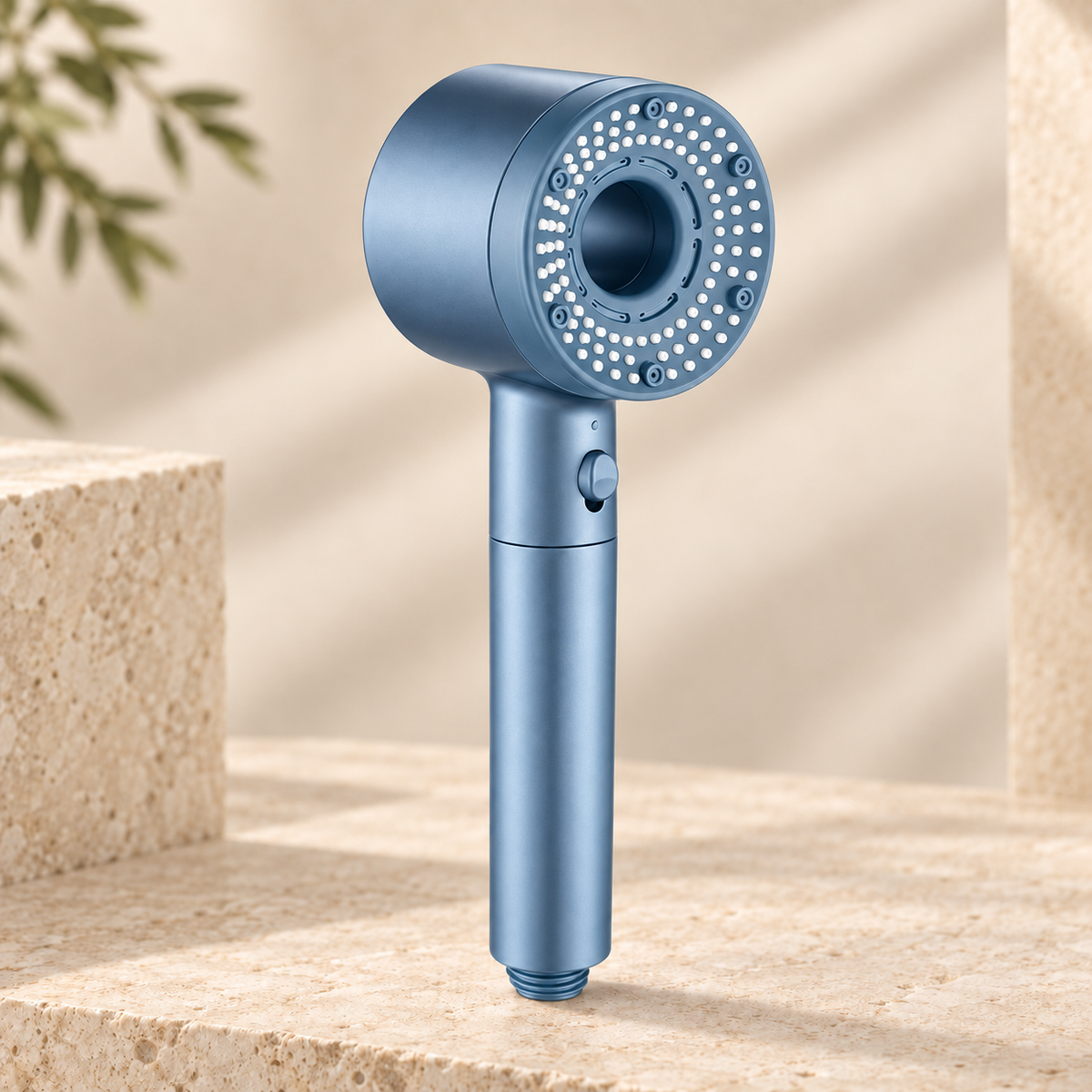 Five-Mode Shower Head — studio dark blue. Studio product illustration.