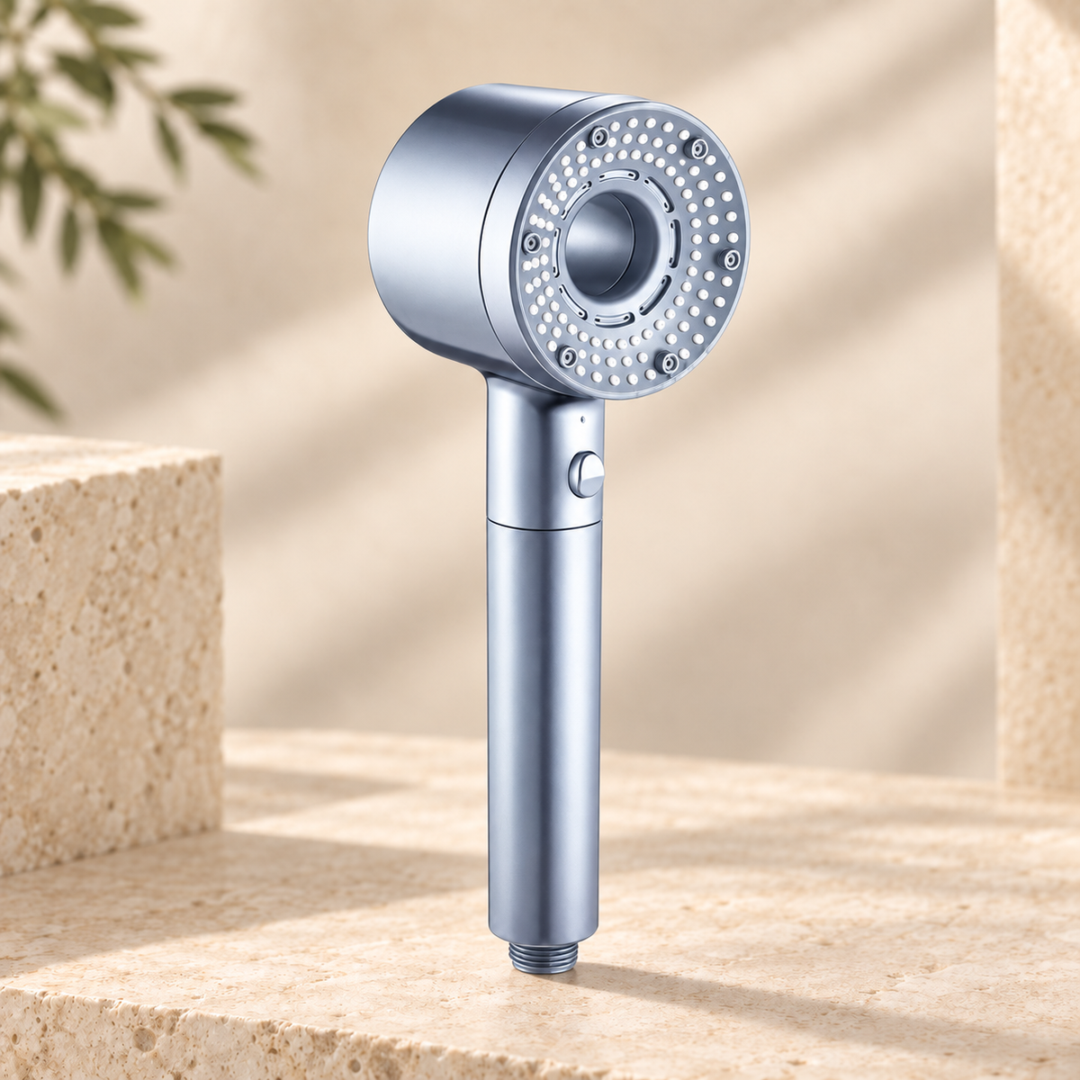 Five-Mode Shower Head — studio light blue. Studio product illustration.