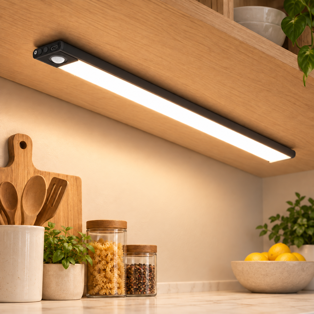 Black motion sensor light beneath an oak kitchen cabinet