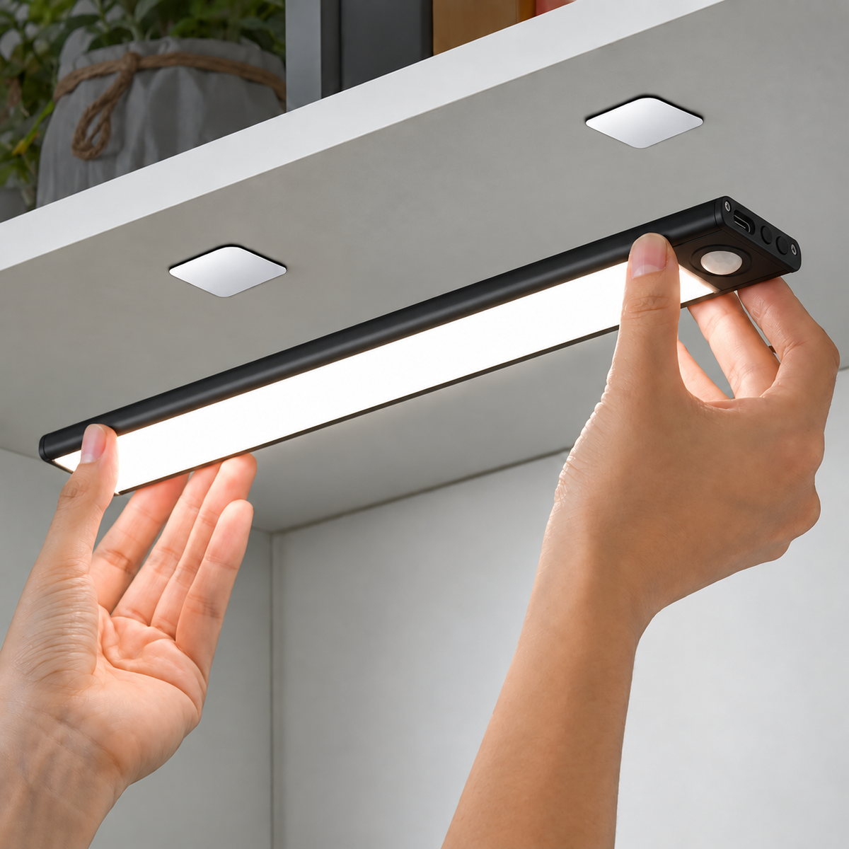 Hands lifting the Black motion sensor light toward its magnetic mounting plates