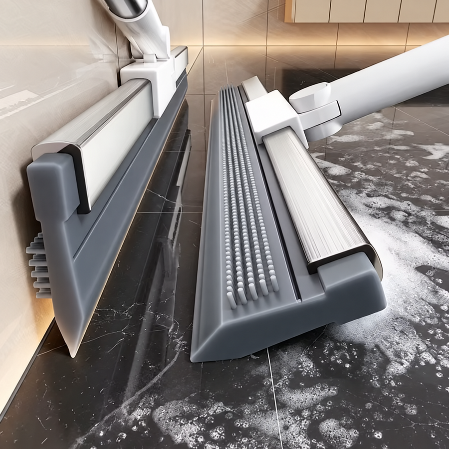 Close view of the short-bristle face and continuous squeegee edge.