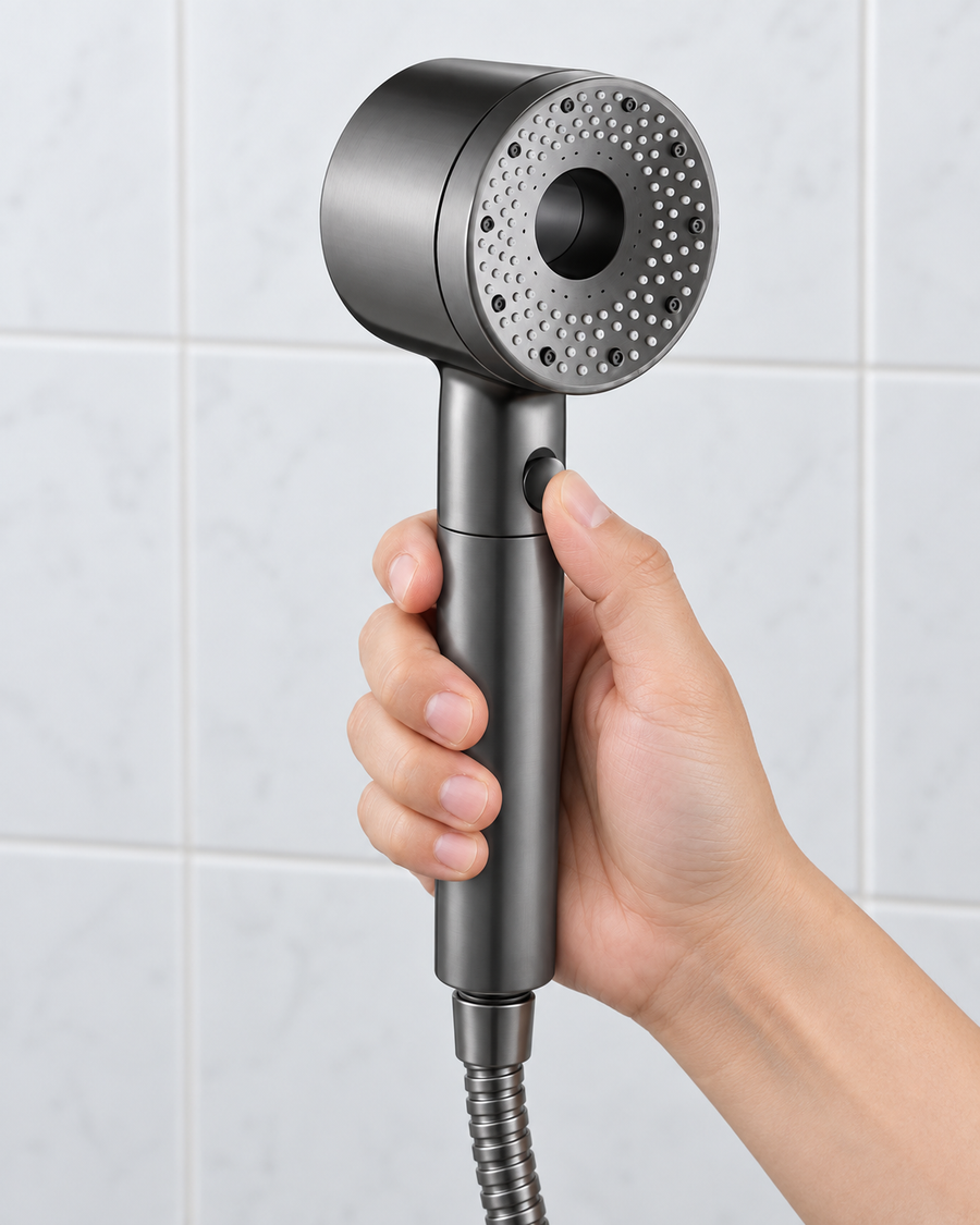 Pause button on the Gray shower head handle.