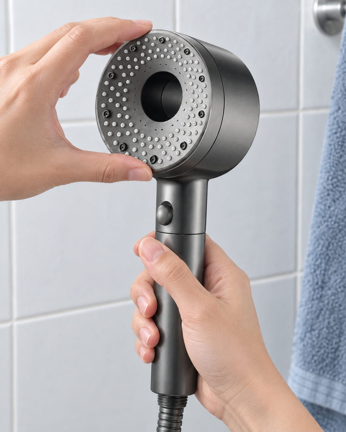 Hands holding the Gray shower head and gripping its circular rotating adjustment.