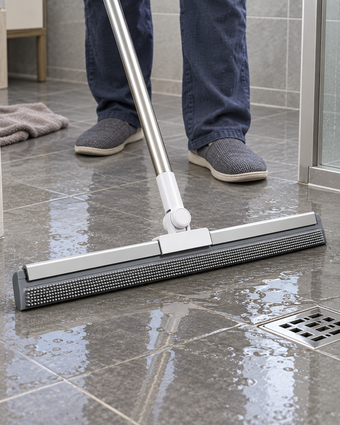 50cm gray squeegee with white pivot guiding a shallow patch of water toward a floor drain.