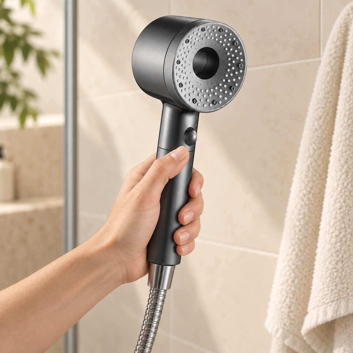 Gray shower head held with an existing hose. Head only included. Illustrative scene.