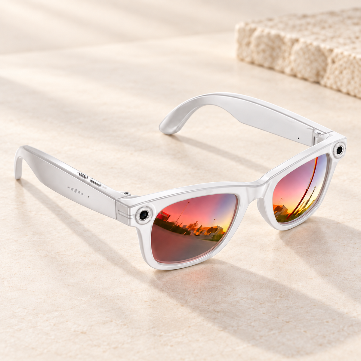 Smart Camera Glasses — studio red mirror. Studio product illustration.
