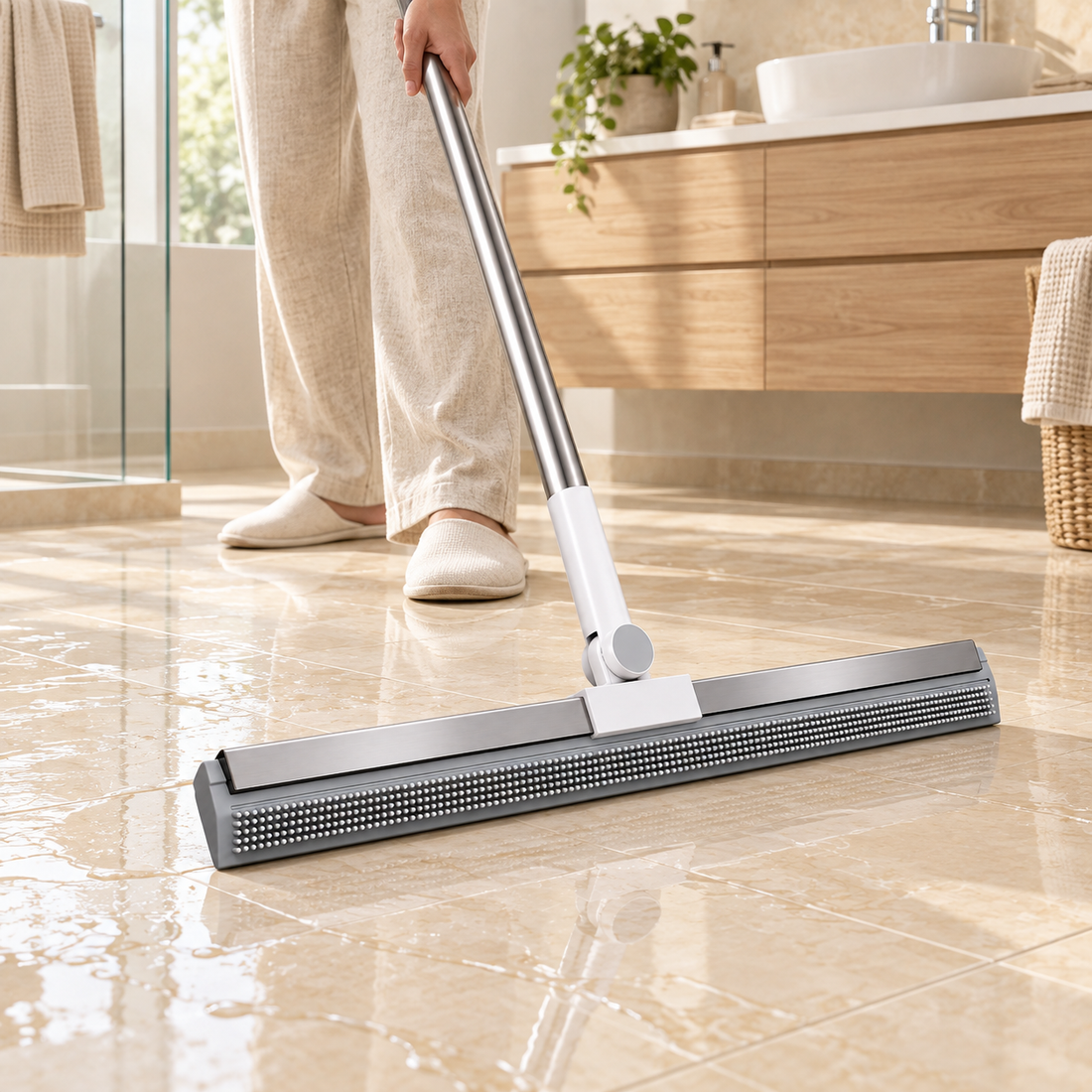 The squeegee head and lower handle on a smooth tile floor.