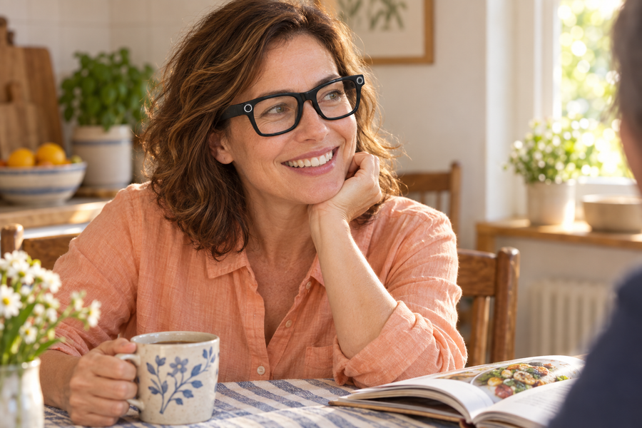 Clear lenses with a Black frame worn indoors.