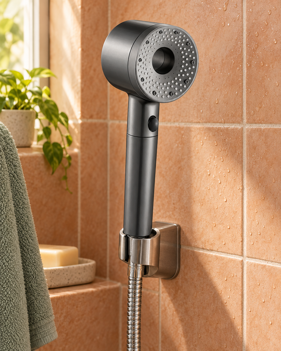 Gray shower head with existing bathroom fixtures; hose and holder are not included.