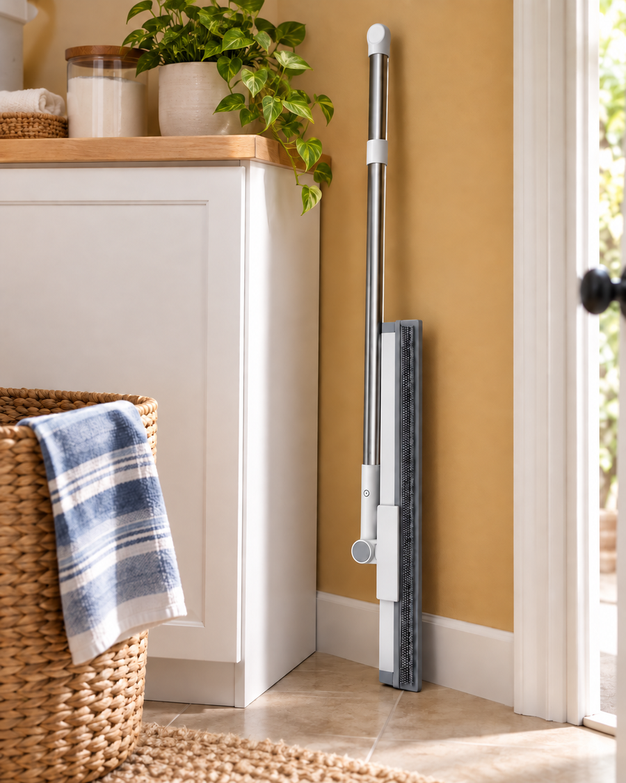 Squeegee stored with the head folded alongside the handle.